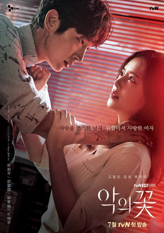 Intenso primer plano de un hombre y una mujer del K-drama, "La flor del mal", que muestra su conflictiva relación.