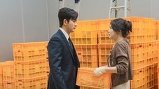Hombre y mujer conversan entre cajas de naranjas, episodio 9.