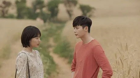 Pareja de pie en un campo, mirándose el uno al otro.