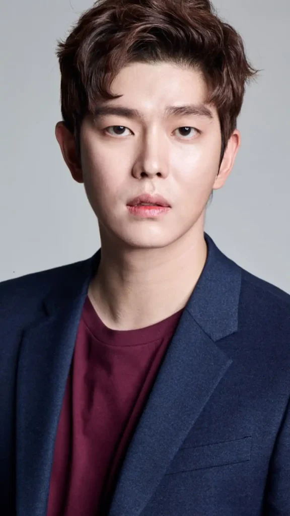 Retrato del actor coreano Yoon Kyun-sang sonriendo en un evento de prensa, conocido por su altura de 1.92m