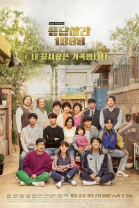 Foto del elenco de Reply 1988: gran retrato familiar frente a un escenario de los años 80.